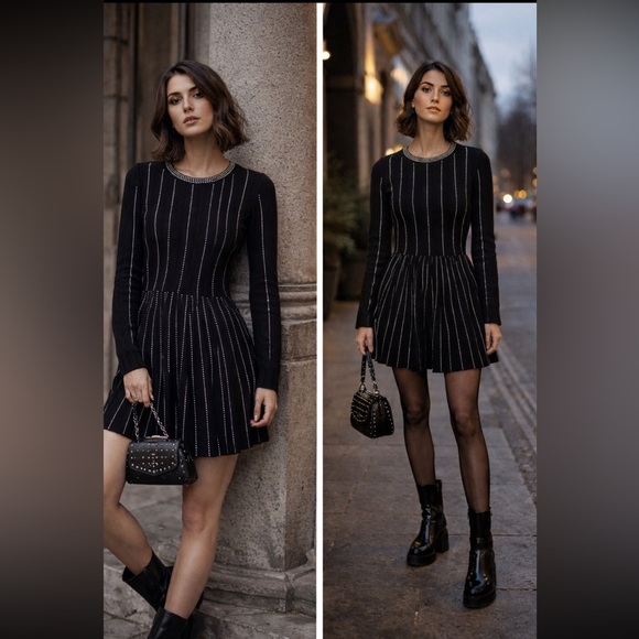 NWT The Kooples Black Knit Skater Dress With Studs Size S NWT The Kooples Black Knit Skater Dress With Studs Size S